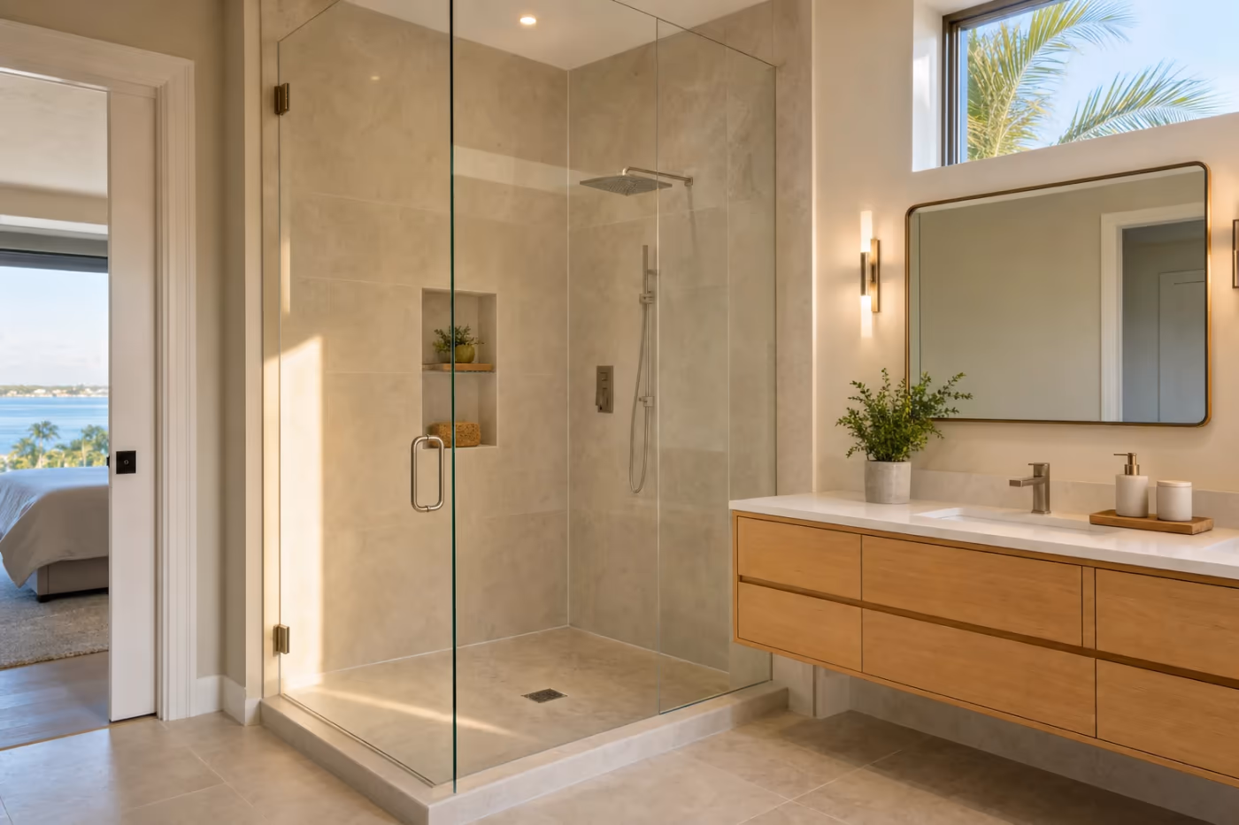 Wide view of a completed Florida bathroom showcasing the tiled alcove shower and clean grout work