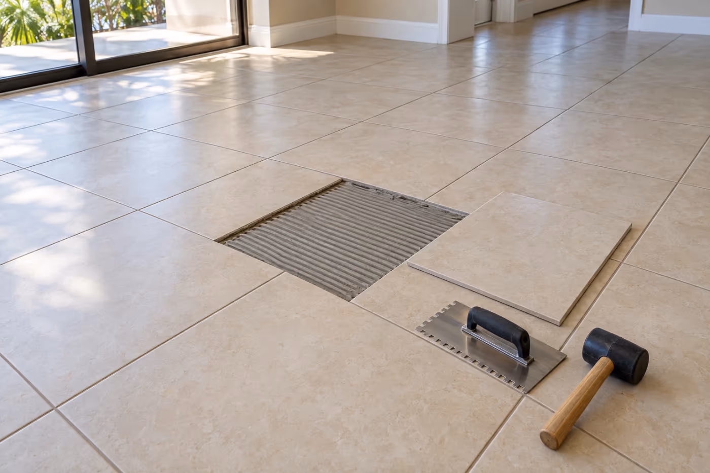 A beige porcelain tile floor with one tile lifted out, showing ridged thinset on the concrete slab, the replacement tile beside it, and a notched trowel and rubber mallet on the floor