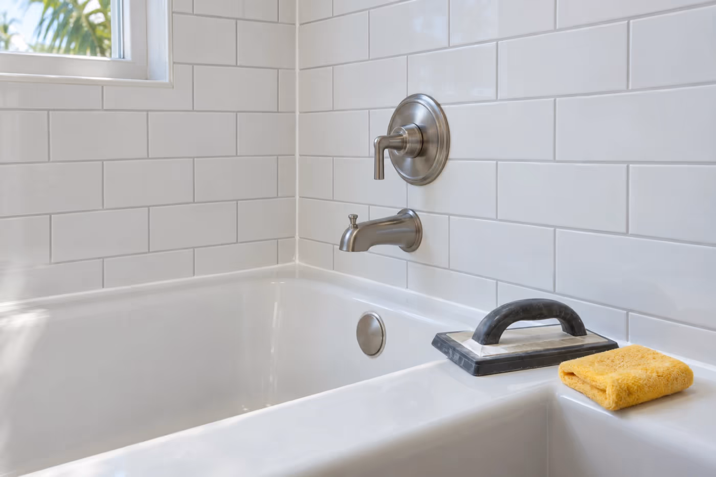 A tub shower with white subway tile, fresh light gray grout, and a new caulk line along the tub, with a grout float and sponge resting on the tub edge below the spout