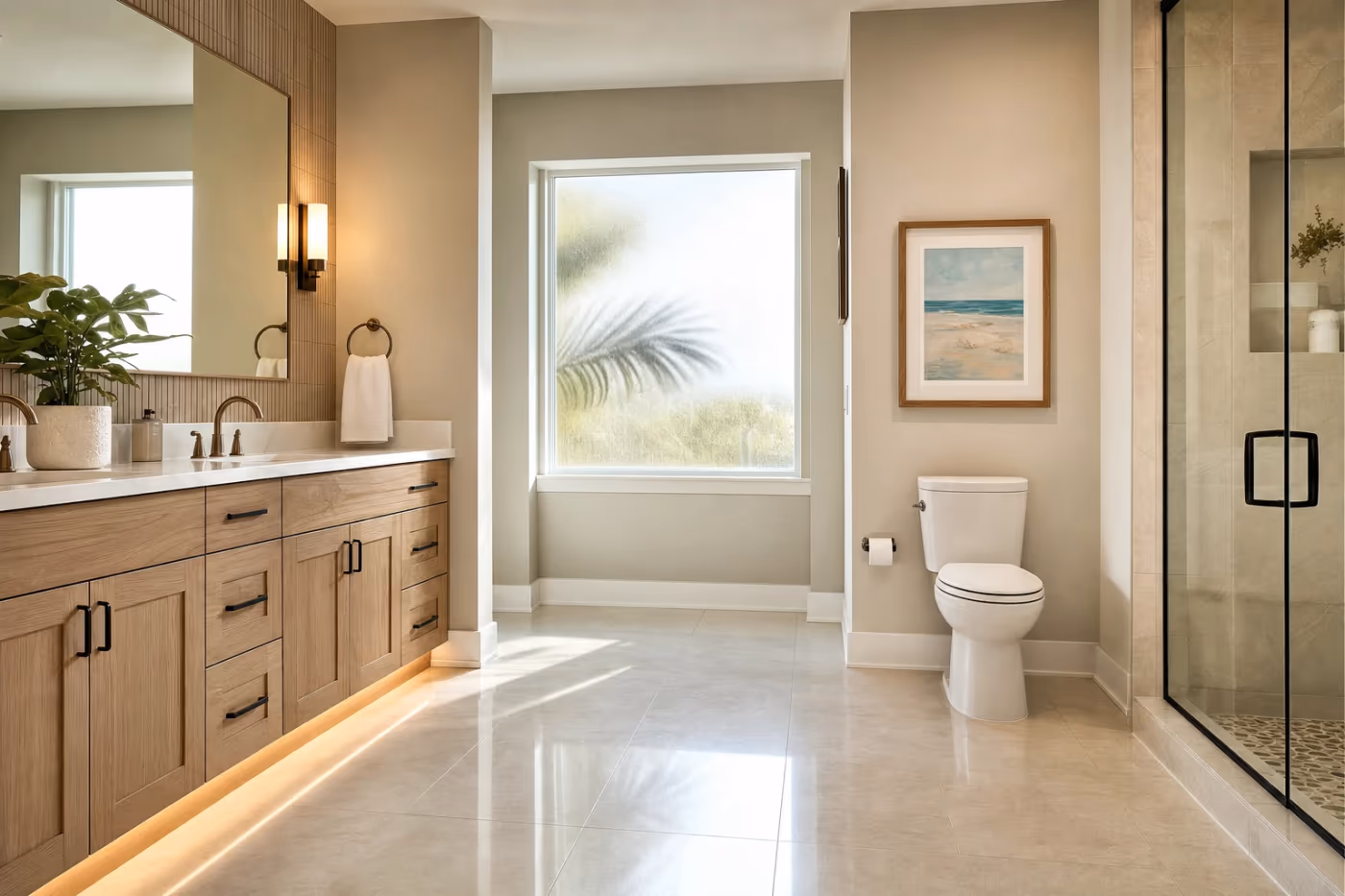 Wide view of a bright Florida bathroom with a new toilet beside a frosted window, a long wood vanity, and a glass shower