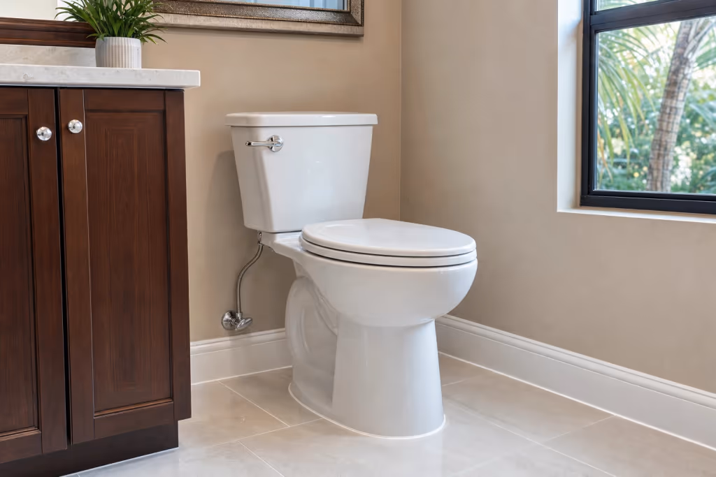 A new white toilet on a light tile floor beside a wood vanity, with a clean bead of caulk at the base and a braided supply line at the shutoff valve
