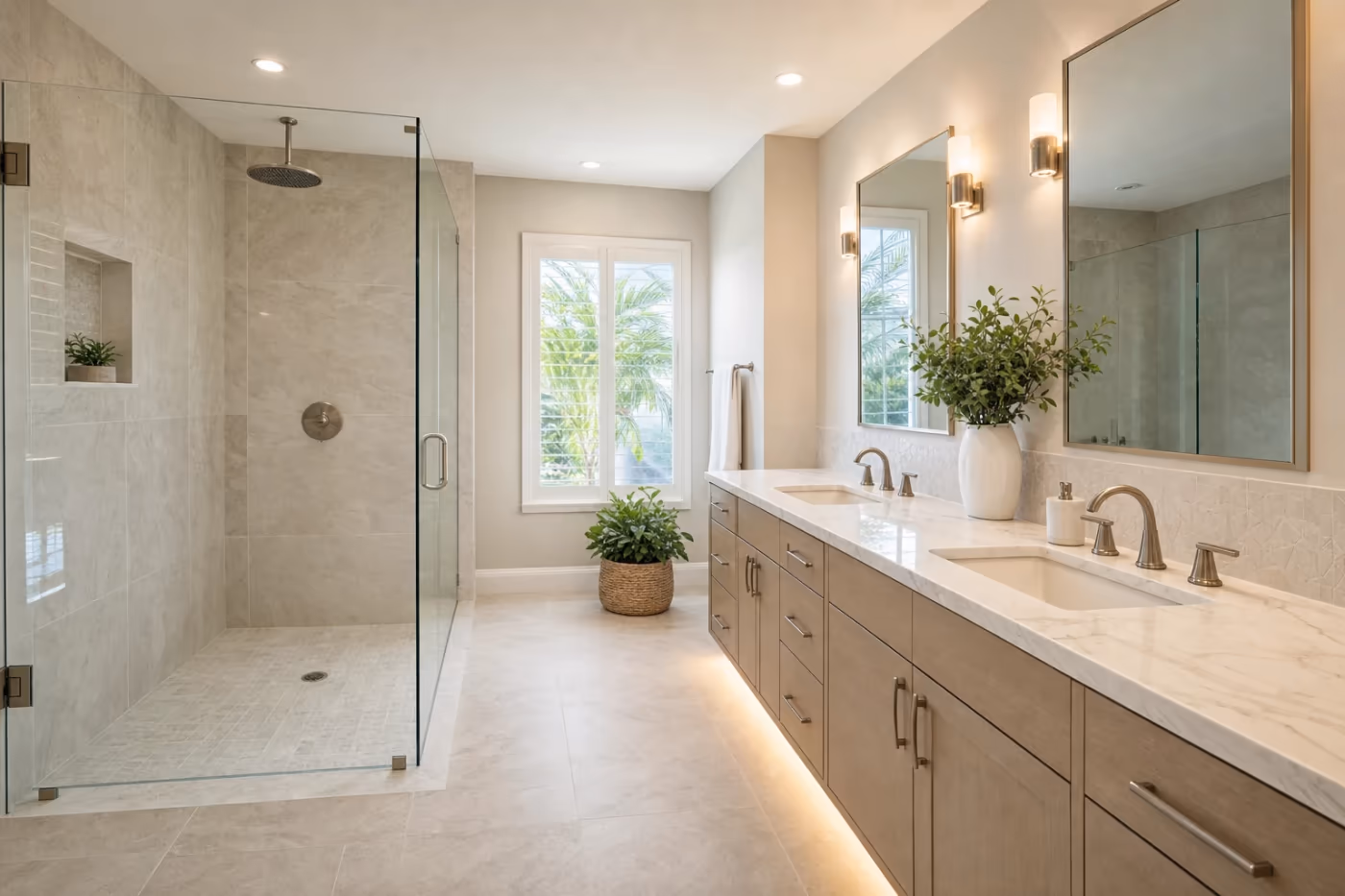 Wide view of a spa-like Florida bathroom after a tub-to-shower conversion, with a new walk-in shower behind frameless glass beside a double vanity