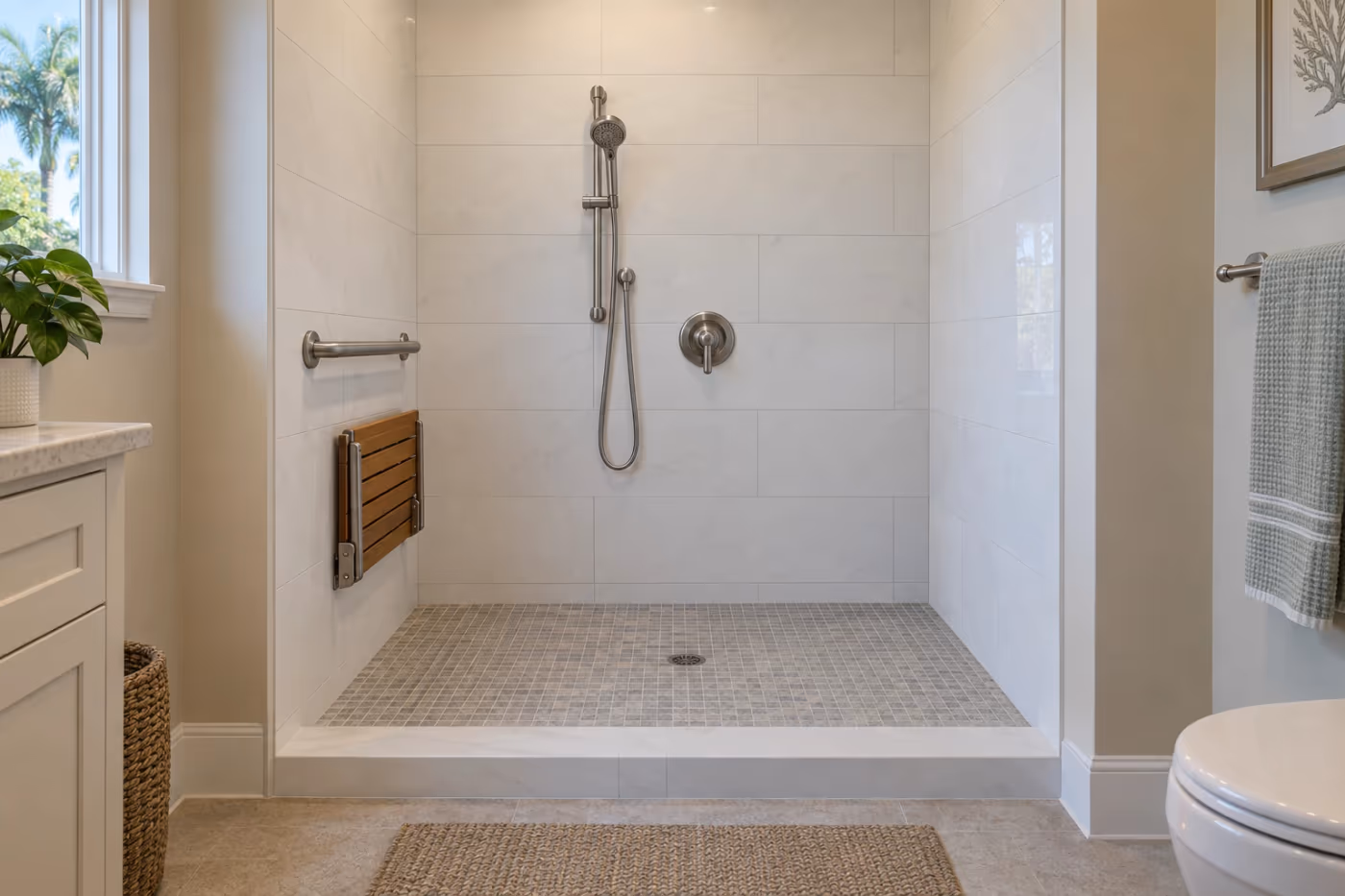 A new walk-in shower built where a bathtub used to be, with white wall tile, a very low curb, a gray mosaic floor, a grab bar and a folded teak seat on the side wall, and a handheld shower on a slide bar