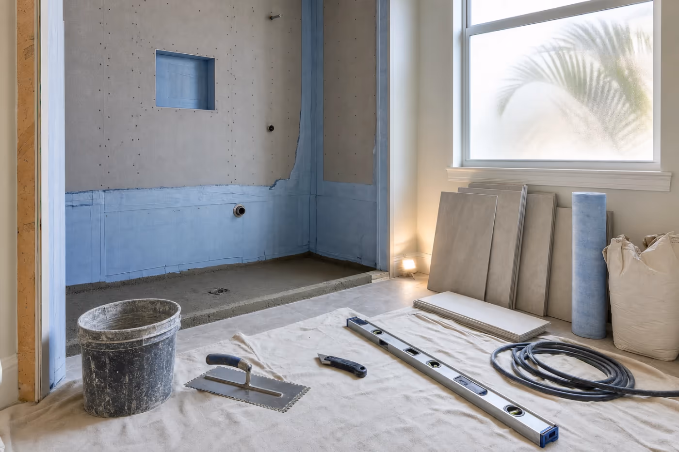 In-progress tub-to-shower conversion in a Florida bathroom, with the tub removed, waterproofing membrane on the wet walls, tile stacked nearby, and professional tools staged on drop cloths