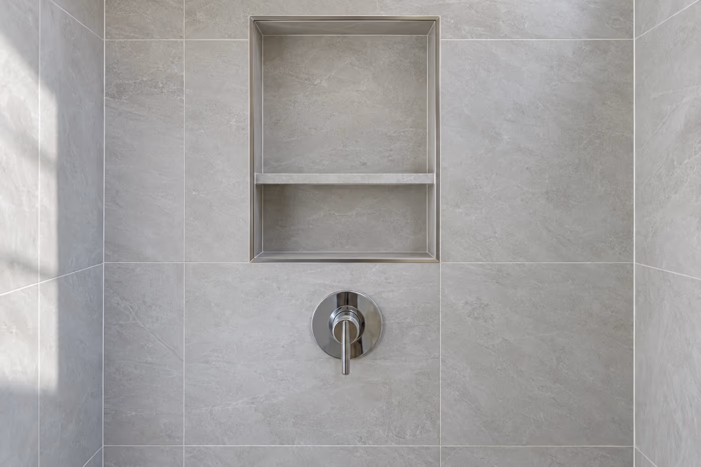 Close view of a new light gray porcelain shower wall with straight grout lines, a recessed tiled niche with a slim metal edge, and a chrome shower valve below it