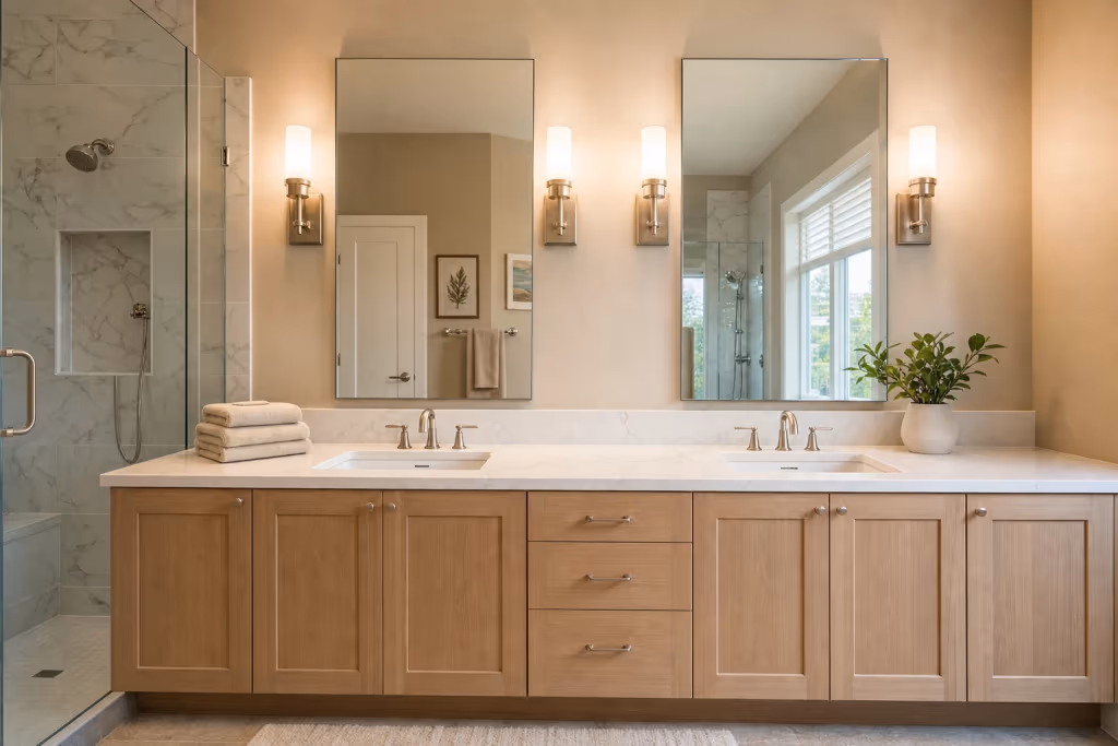 Finished Florida bathroom double vanity with undermount sinks in quartz, brushed-nickel faucets, twin mirrors, and warm sconce lighting after a tub-to-shower conversion