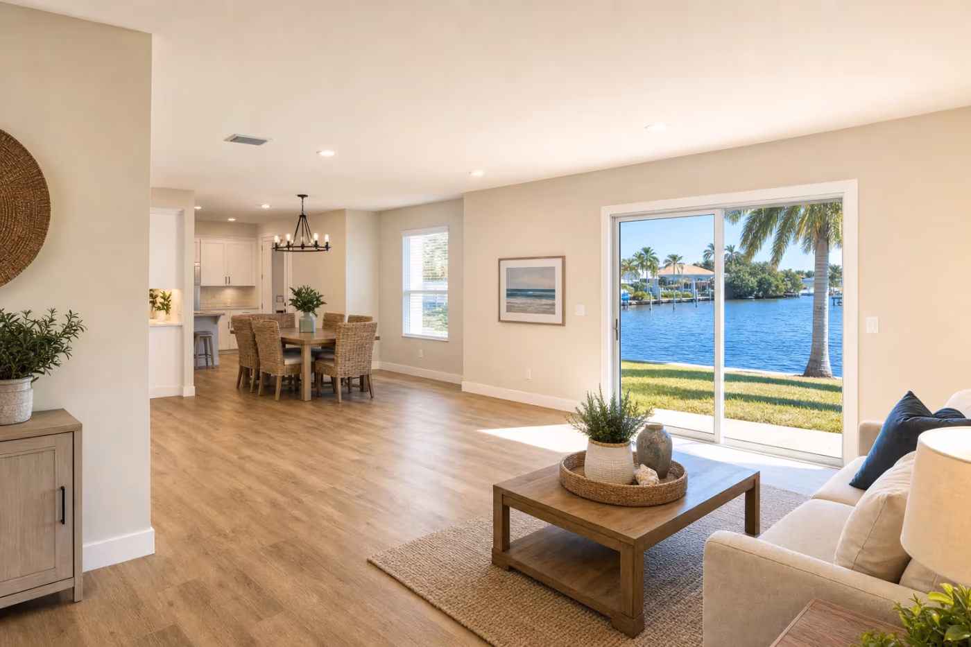 Wide view of a finished open-plan Florida living area with repaired drywall and ceiling and a sliding glass door to the patio