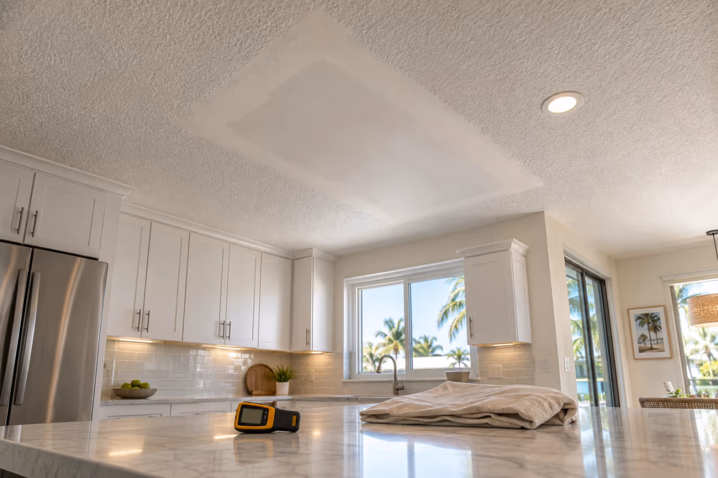 A textured white kitchen ceiling above a marble island with one rectangular section of new drywall taped and coated with smooth joint compound, a moisture meter and a folded drop cloth on the countertop below