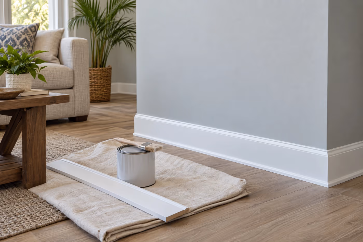 A pale gray living room wall with a new white baseboard on a light vinyl plank floor, a spare length of baseboard and a paint can with a brush on a drop cloth in front of it