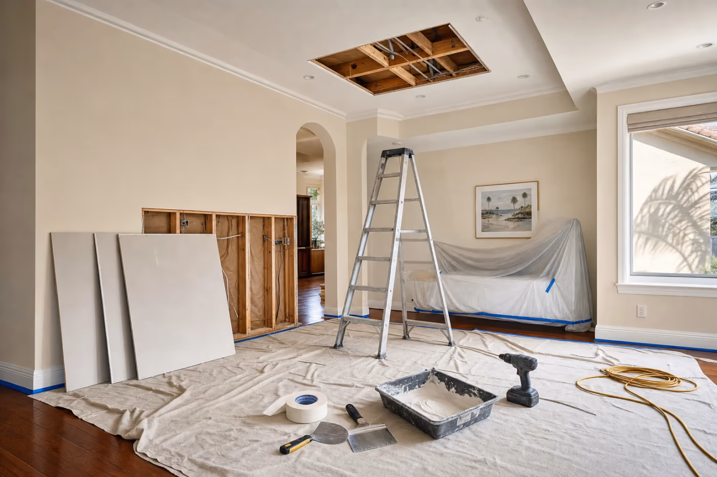 In-progress water damage drywall and ceiling repair in a Florida home, with cut-out ceiling board, staged tools, and fresh materials ready for rebuild