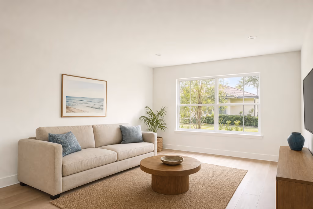 Finished Florida living room after water damage drywall and ceiling repair, showing smooth walls and a blended ceiling