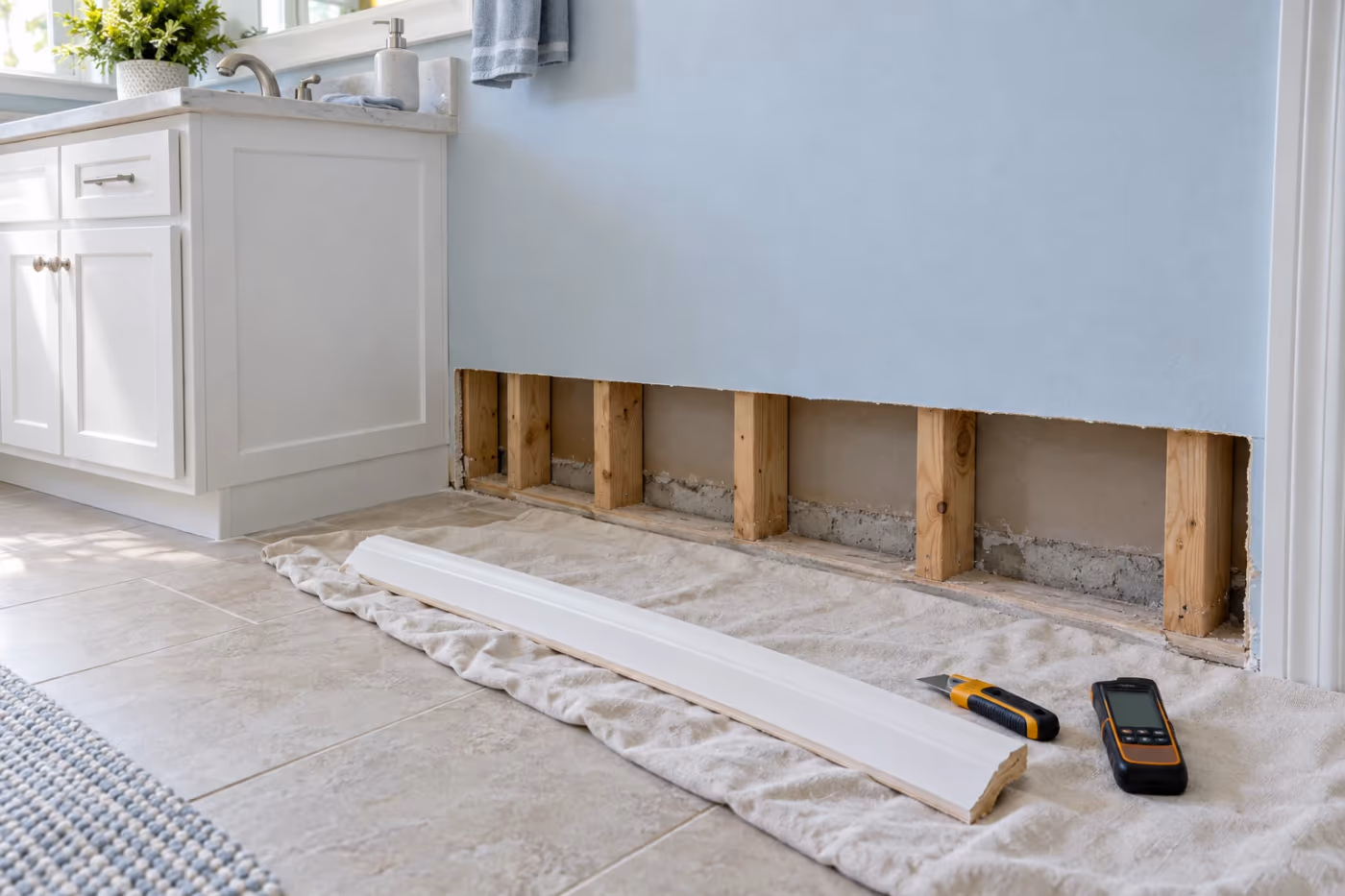 A light blue bathroom wall beside a white vanity with a straight strip of drywall cut away at the bottom, showing dry wood studs, the removed baseboard, a utility knife, and a moisture meter on a drop cloth on the tile floor