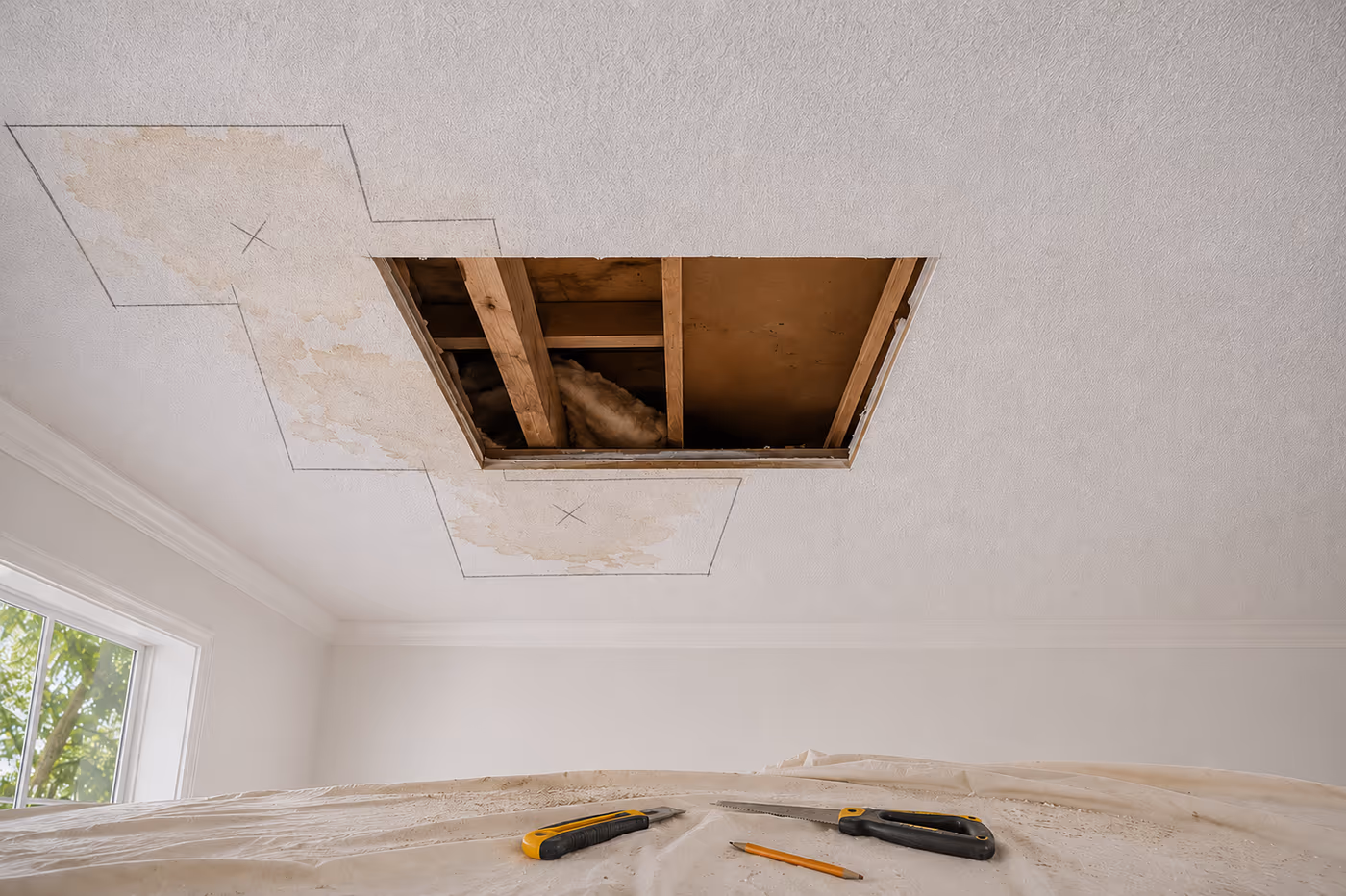 Water-stained ceiling with an access hole cut open, exposing the framing above a protected bed