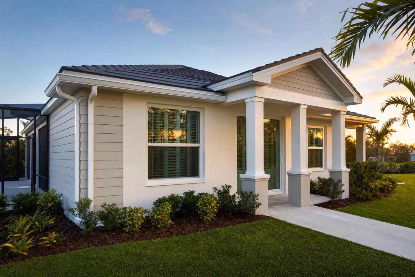 Wide view of a Florida home exterior with finished wood rot repairs, fresh trim paint, and matched stucco and siding