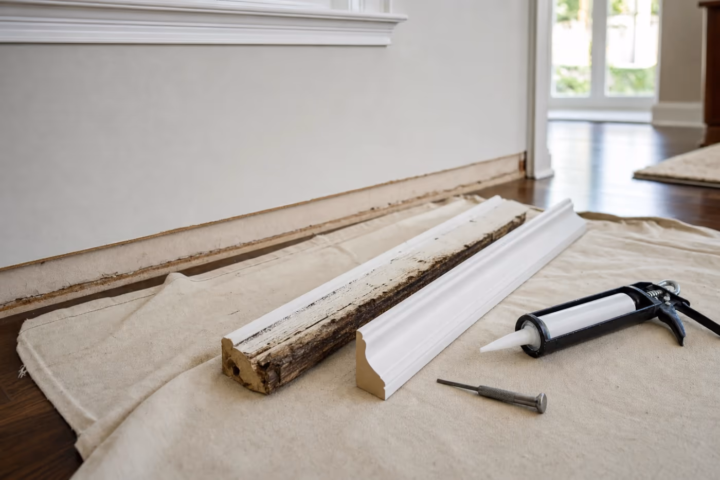 Interior wood rot repair in a Florida home with a section of baseboard removed, old water-stained trim beside a new primed replacement piece on a drop cloth, caulk gun and nail set nearby