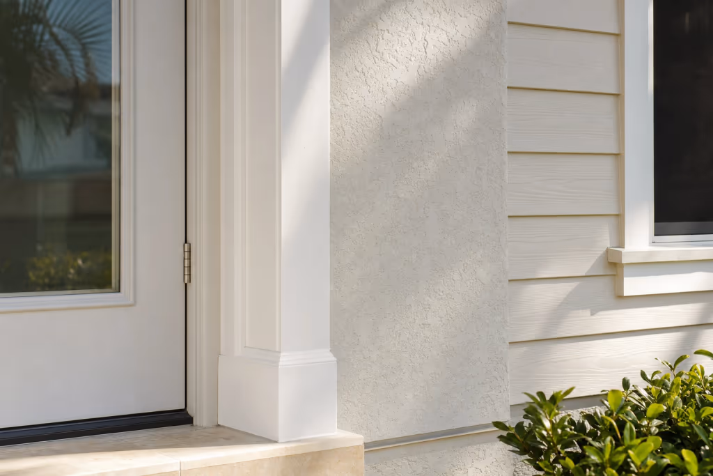 Close-up of rebuilt and painted exterior trim and matched stucco on a Florida home after wood rot and siding repair