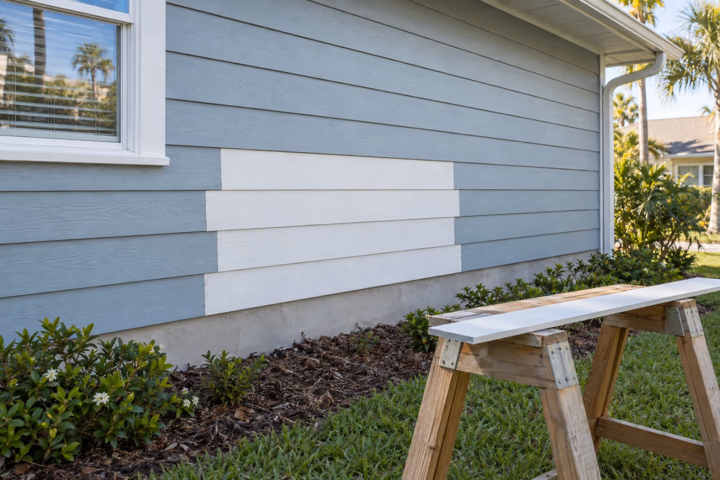 Blue-gray lap siding on a Florida home where four boards below a window have been replaced with new primed boards lined up with the old courses, a sawhorse with a spare board on the grass