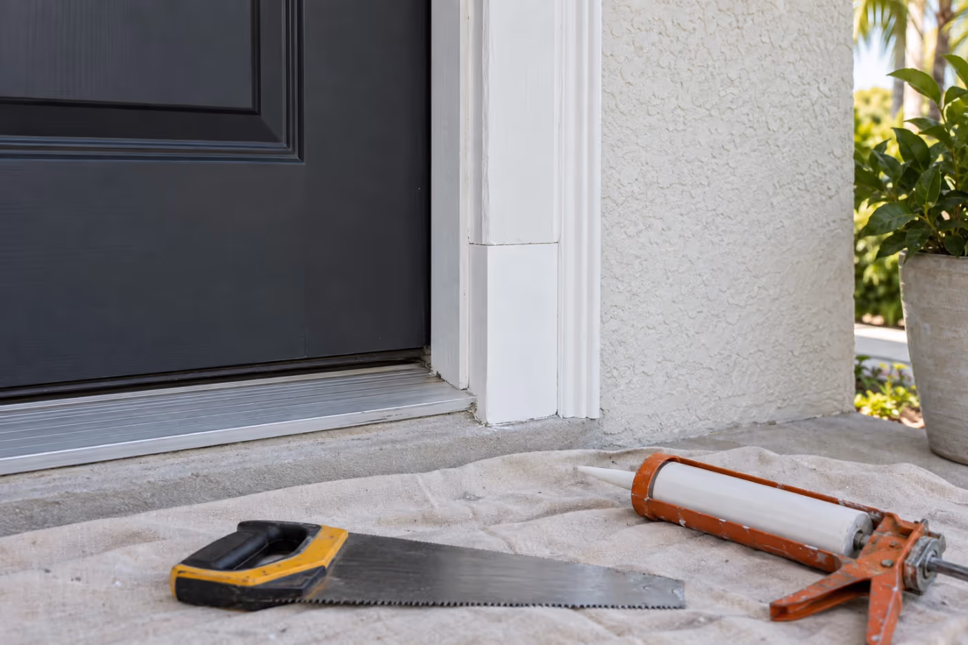 Lower corner of a white exterior door frame beside a dark front door on a Florida stucco house, the bottom of the casing replaced with a new piece joined by a clean straight seam, a handsaw and caulk gun on a drop cloth