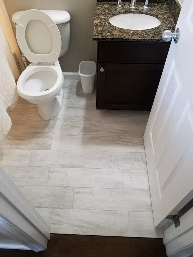 Bathroom with new wood-look tile flooring